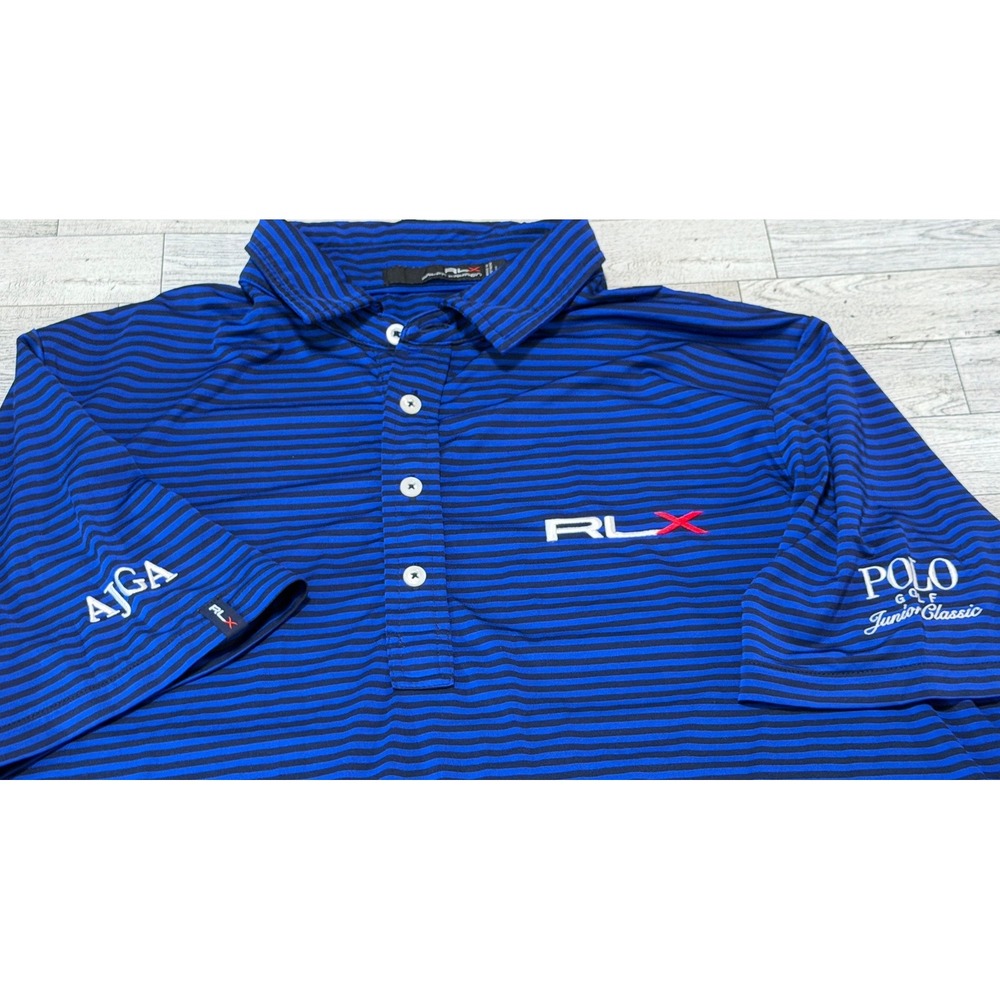 RLX Ralph Lauren Mens Blue Striped Golf Polo Shirt AJGA Polo Junior Classic L